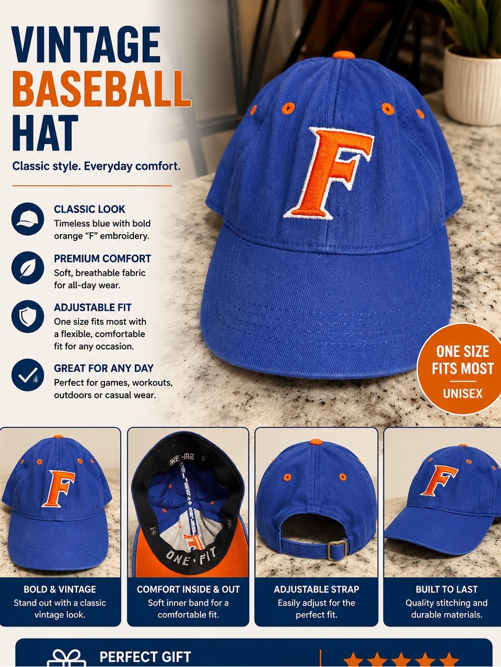 VINTAGE FLORIDA GATORA Blue and Orange 'F' Embroidered Baseball Cap -